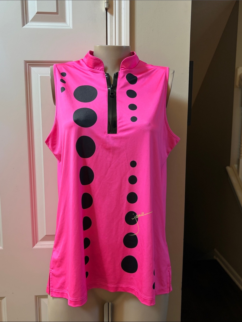jamie sadock Hot Pink Sleeveless Henley Zip Golf Top with Black Dot Print, XL